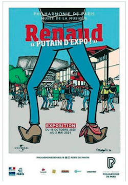 Affiche de l'expo Renaud : dessin de deux jambes avec santiags aux pieds
