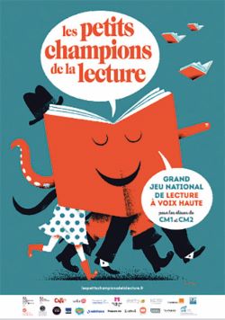 Affiche des Petits champions de la lecture : Dessin d'un livre ouvert et jambes de personnages