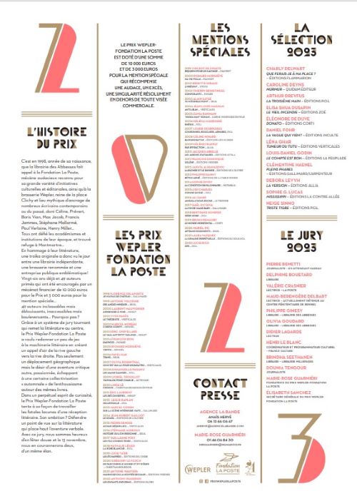 Verso de l'affiche du prix Wepler Fondation La Poste 2023 avec liste des auteurs sélectionnés