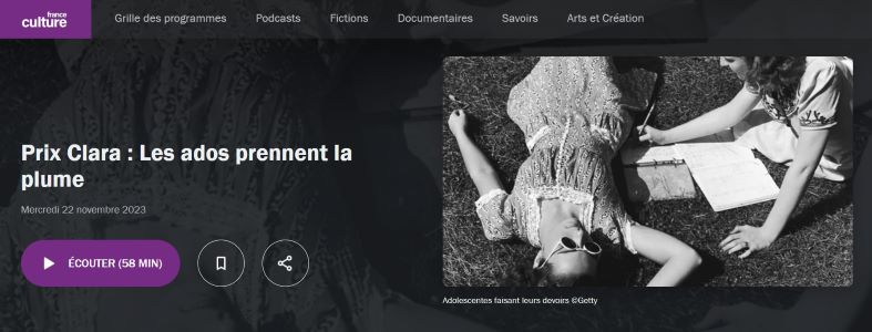 capture d'écran du site France culture avec photo d'adolescentes lisant
