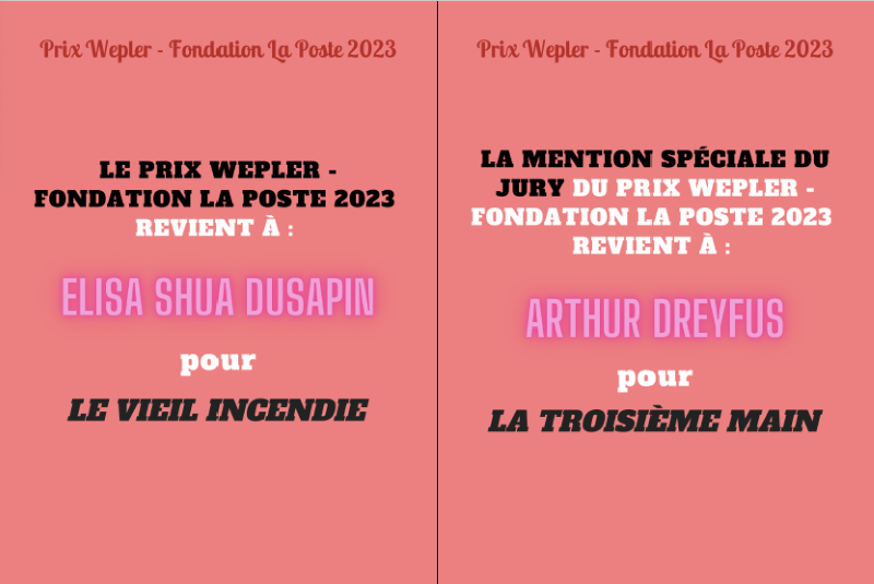 Résultats du prix Wepler Fondation La Poste : lettres noires et blanches sur fond rose