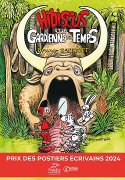 Couverture livre avec dessin de l'auteur, en couleur : la brousse, une grande vache bouche ouverte, deux personnages devant et bandeau rouge du prix des Postiers écrivains