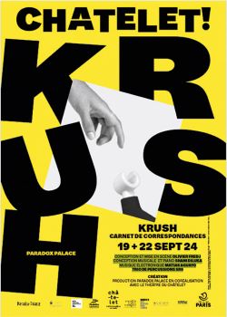 Affiche du spectacle : Krush en lettres noires sur fond jaune vif