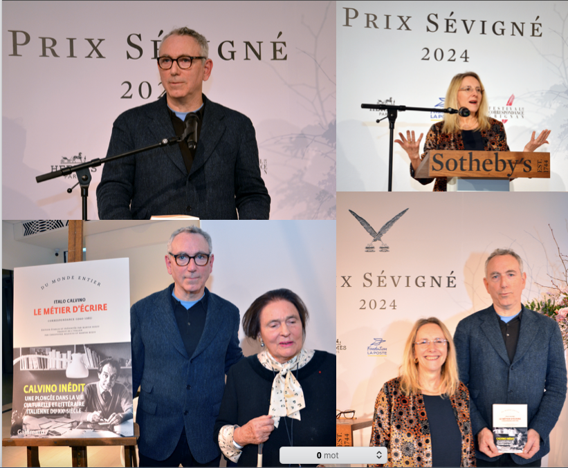 4 photos de la remise du prix Sévigné 2024 le 15 janvier 2025 avec Martin Rueff, Anne-Marie Jean et Anne de Lacretelle