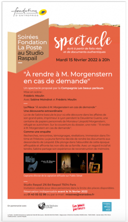 Visuel du spectacle " A rendre à M. Morgenstern" au Studio Raspail