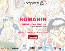 affiche du film Romanin, dessin de Jean Moulin en filigrane 
