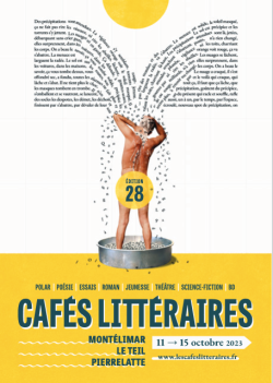 Affiche du festival : un homme de dos prenant une douche de lettres et de mots