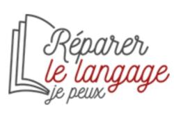 Logo réparer le langage je peux (en toutes lettres avec dessin de pages d'un livre)