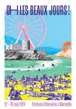 Affiche du festival, photo recomposée avec plagistes, vagues, château d'If au loin