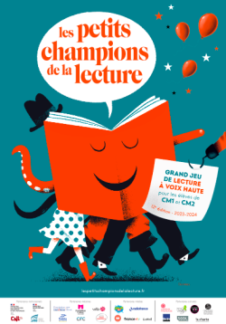 Affiche : Petits Champions de la lecture inscrit en orange dans bulle blanche, fond turquoise, dessin d'un livre ouvert, de ballons de baudruche et jambes d'enfants derrière le livre