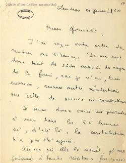 Lettre autographe du général de Gaulle du 20 juin 1940