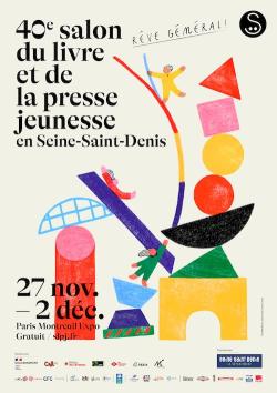 Affiche du salon du livre jeunesse avec dessin en couleur (jaune rouge violet noir bleu) de formes en équilibre