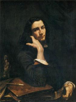 Peinture de Gustave Courbet : Homme à la ceinture de cuir, assis à une table avec nécessaire pour écrire