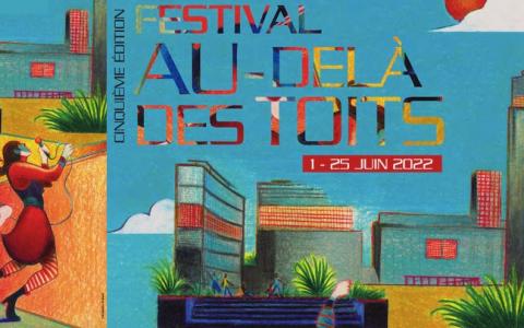 visuel du festival Au delà des toits : dessin coloré de personnages dansants et immeubles
