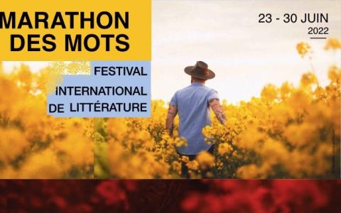 Visuel du Marathon des mots : des fleurs jaunes, un homme de dos avec un chapeau