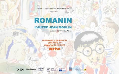 Visuel du documentaire Romanin, avec photo de Jean Moulin et dessin de lui
