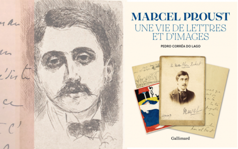 Visuel pour FLoriLettres sur Proust avec portrait gravé de l'écrivain et couverture du livre Une vie de lettres et d'images
