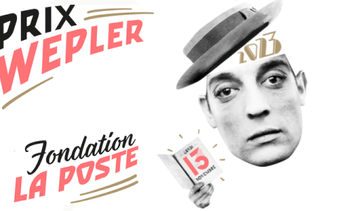 Visuel avec affiche du prix Wepler Fondation La Poste, tête de Buster Keaton sur fond blanc