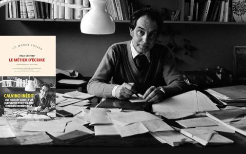 Photo en noir et blanc d'Italo Calvino dans son cabinet de travail en 1978