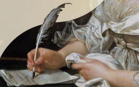 Visuel : détail d'un tableau d'une main de femme du XVIIIe siècle qui écrit avec une plume