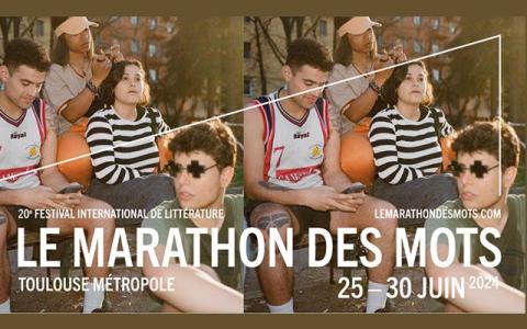 Visuel du Marathon des mots 2024 : jeunes (dont un avec maillots de sport assis sur un banc