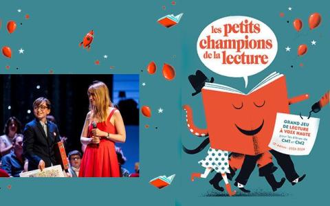 Visuel des Petits Champions de la lectures, dessin livres, ballons orangés sur fond turquoise et photo du lauréat avec la marraine