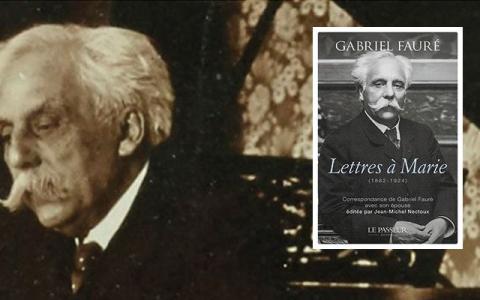 Visuel avec photo de Gabriel Fauré de profil et couverture du livre avec photo de face