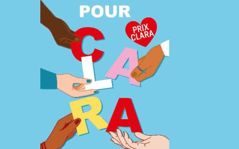 Visuel du prix Clara 2024 : fond bleu clair avec des mains tenant les lettres de couleur rouge, blanc, rose, jaune du prénom Clara