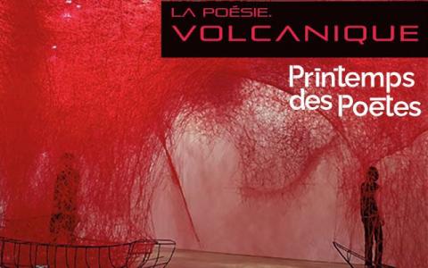 Visuel du Printemps des poètes, oeuvre de Shiota Chiharu, structure en métal et laine rouge