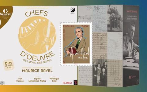 Visuel avec affiche du spectacle musical, timbre Ravel et coffret de la correspondance de Ravel