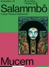 Affiche de l'expo Salammbo au Mucem (verte et rose avec planche de la BD Philippe Druillet  représentant Salammbô
