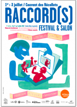 Affiche du festival Raccord(s) : dessin d'un personnage avec livre ouvert et autres personnages sortant des pages du livre