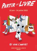 Affiche de la manifestation Partir en livre : un livre ouvert d'où sortent des personnages de bandes dessinées, le chien Idéfix notamment