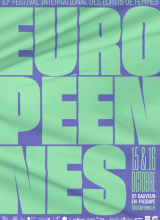 Affiche du festival des écrits de femmes : Européennes en grosses lettres vertes sur fond violet