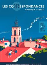Affiche du festival : dessin en couleur d'un clocher et toits avec personnages assis et pages de livre ou lettres dans le ciel