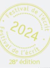 Logo du festival de l'écrit comme un tampon de La Poste où est inscrit au centre2024, 28e édition