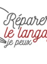 Logo réparer le langage je peux (en toutes lettres avec dessin de pages d'un livre)