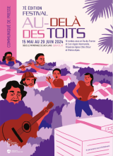 Affiche du festival dans les tons rouge, rose et violet : dessins de musiciens dans les nuages
