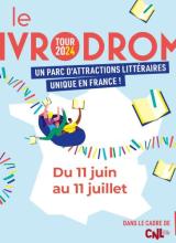 Affiche du Livrodrome, dessin de la France en blanc sur fond bleu clair avec livres qui volent