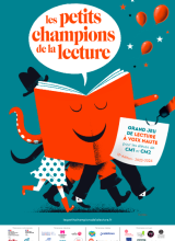 Affiche : Petits Champions de la lecture inscrit en orange dans bulle blanche, fond turquoise, dessin d'un livre ouvert, de ballons de baudruche et jambes d'enfants derrière le livre