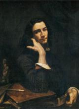 Peinture de Gustave Courbet : Homme à la ceinture de cuir, assis à une table avec nécessaire pour écrire